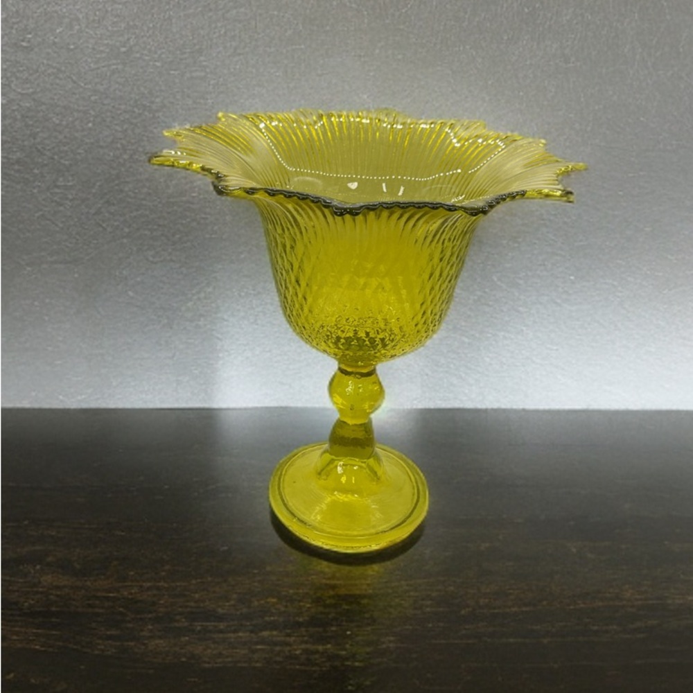Yellow Glass Pedestal Bowl Vase 8.5”